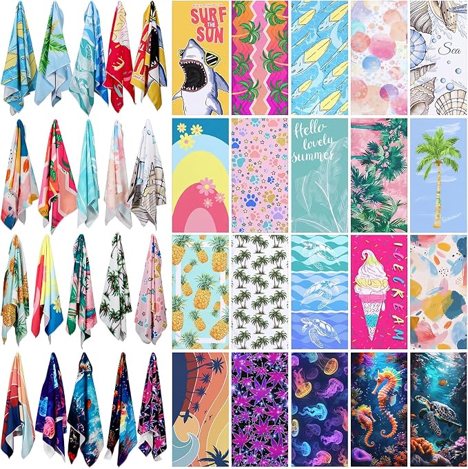 Newwiee 20 Pack Oversized Beach Towels Bulk 59 x 28 Quick Dry Sand Free Pool Towels Absorbent & Lightweight for Travel, Swimming, Camping, Outdoor, Assorted Vibrant Patterns by Newwiee