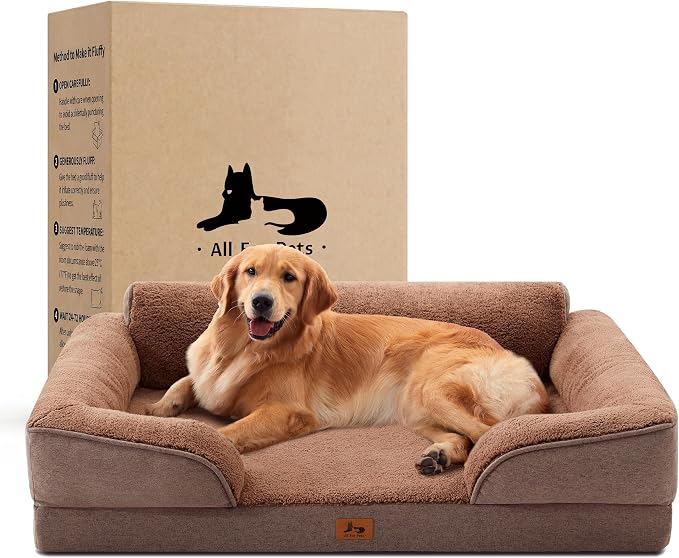 XL Orthopedic Dog Beds for Large Dogs, Waterproof Egg-Crate Foam Pet Couch Bed with Soft Sides, Non-Slip Dog Sofa with Fleece Removable Washable Cover, 42" L Supportive Pet Sofa, Brown by WARMREST