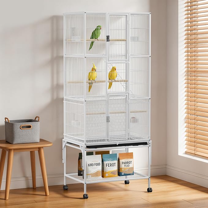 69 inches Bird Cage with Dust Cover, Birdcages with Rolling Wheels | Large Bird Cages for Cockatiels Quaker Conure Parakeet Lovebird Finch Canary Small Medium Parrot Cage Birdcage,White by PvpyYvrd