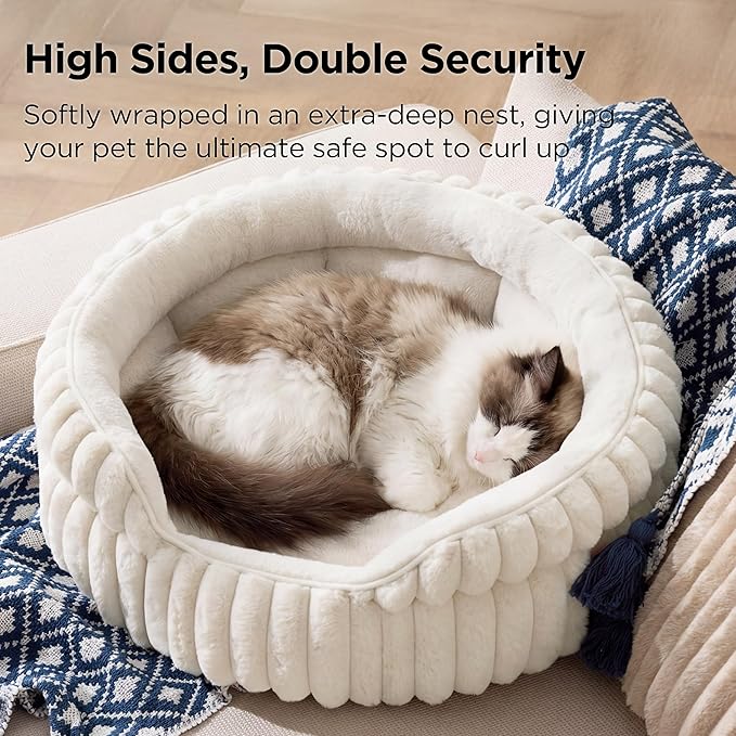 Bedsure ComfyFleece™ Washable Cute Large Cat Bed,Soft Round Puppy Bed,23in | Cozy Fluffy Plush Small Dog Bed,Donut Corduroy Cuddler Pet Beds for Indoor Big Cats,Anti-Slip Bottom,Up to 20 Lbs,Cream - Image 2