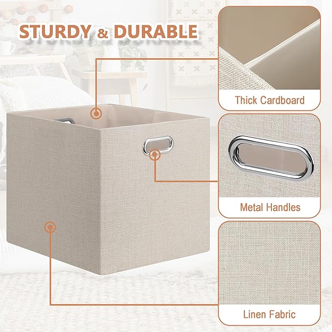 Posprica 13x15x13in Collapsible Storage Bins, Fabric Foldable Cube Storage Boxes, Decorative Storage Baskets Organizer for IKEA Kallax, Shelves, Closet, Clothes, Set of 4-Beige - Image 6