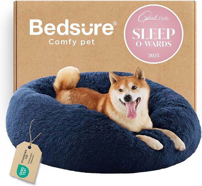 Bedsure Calming Dog Bed Medium Size Dog Donut Washable Pet Bed,30ins Navy | Fluffy Faux Fur Round Cuddler,Machine Washable,Anti-Slip Bottom,Anti-Anxiety,Deep Sleeping for Pets Up to 45 Lbs by Unknown