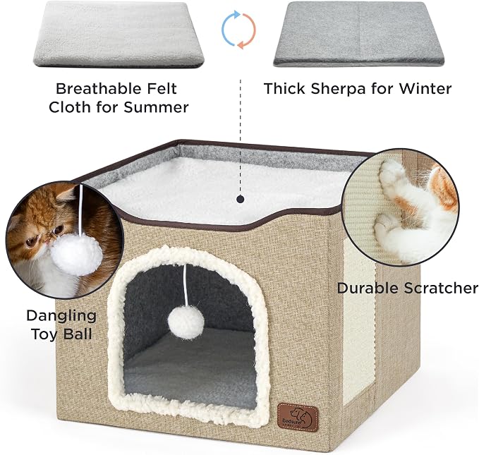 Bedsure Cat House Bed for Indoor Cats with Fluffy Ball and Scratch Pad | Brown,16.5x16.5x13 in,Large Cat Cave for Multiple Pets,Foldable Cat Hideway Cube for Sleeping Kitten - Image 3