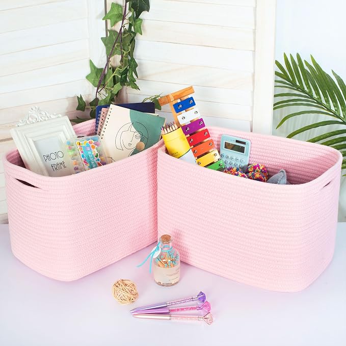 MINTWOOD Design 3-Pack Decorative Woven Storage Baskets for Shelves, Cube Bin Box for Organizing Books, Shoes, Dog Toys, Pantry Closet and Living Room Organizer, Soft Pink - Image 3