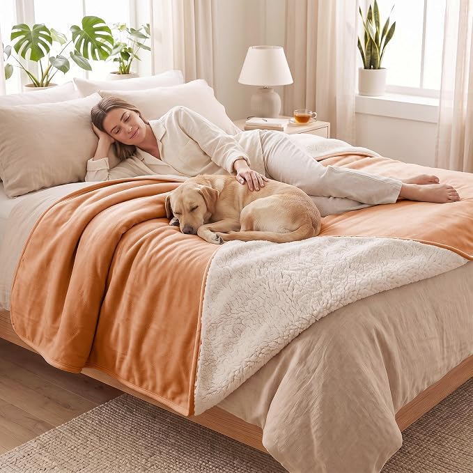 Waterproof Blanket for Bed - Dog Throw as Furniture Protector | Cozy Sherpa & Smooth Velvet, Reversible and Machine Washable, for Couch and bed, 60"x80", Orange by TuffeelHome