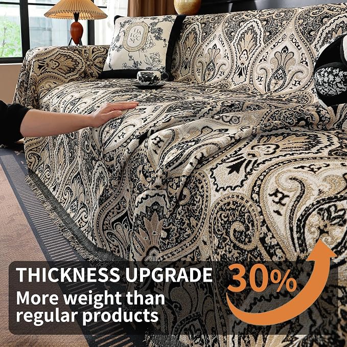 Vintage Couch Covers for Sofa Washable Sofa Covers for 3 Cushion Couch Non Slip Couch Covers for sectional Sofa Chenille Jacquard Furniture Protector for Dogs Pet Friendly Black, 91"x134" - Image 3