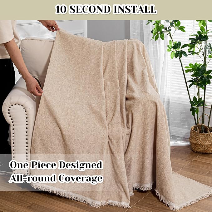 MEETSKY Sofa Covers Armchair Single Couch Cover for Dogs,Throw Couch Cover with Tassel Recliner Chair Recliner Cover Washable 1 Cushion Couch Chenille Couch Protector, 71"x 91", Khaki - Image 2