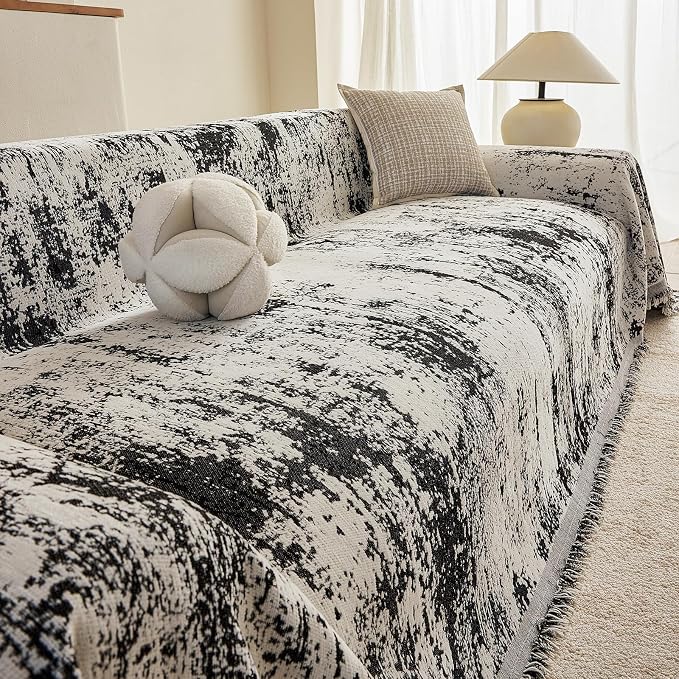VClife Boho Couch Cover, Non Slip Soft Couch Covers for 3 Cushion Couch Sofa Pet Friendly, Irregular Vintage Black Off-White Scraped Texture Furniture Protector Sofa Slipcover for Dog, 71" X 134" - Image 8