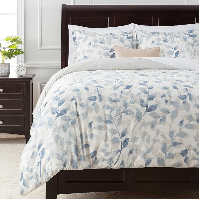 Chanasya Premium Layered Leaf Duvet Cover Set - Duvet Cover (90” x 90”) & 2 Pillow Shams (20” x 26”) - 3-Piece Set, Queen Size, Blue Taupe by Chanasya