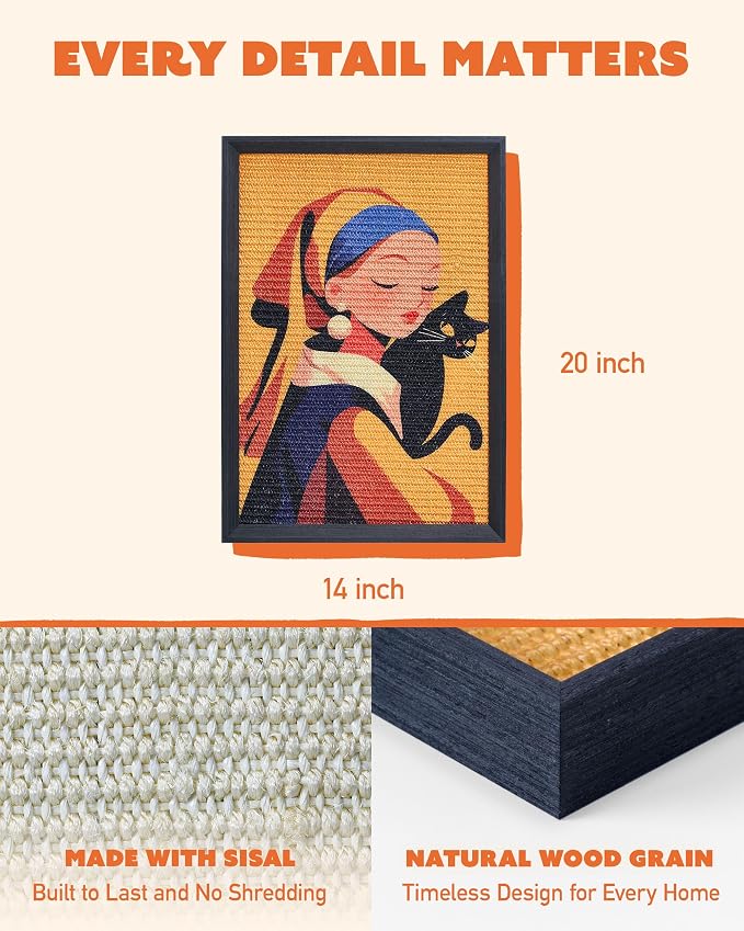 Decorative Wall Art Cat Scratcher for Vertical Scratching, 14"x20" Framed Sisal Scratch Pad Mat with Renter-Friendly No-Drill Wall Mounted Setup, Durable Alternative to Cardboard (Girl with Purr) - Image 3