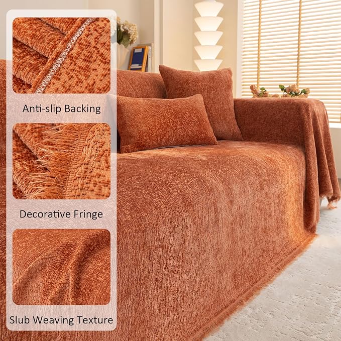 Burnt Orange Thick Slub Chenille Couch Cover Ultra Soft for All Shape Sofa Couch Furniture Protector, Orange Sofa Slipcover Protector for Dogs Pets Kids XL 71x134’’ | for All Shape Sofa Couch Furniture Protector, Orange Sofa Slipcover Protector for Dog... - Image 3