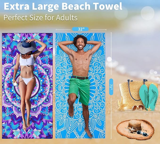 Microfiber Beach Towel Oversized 71x32 Multiple with Bag 4 Pack Bulk | Thin Lightweight Sand Free Absorbent Quick Dry Large for Travel Pool Swim Bath Cruise Sports Camping Essentials Adults Gifts - Image 7