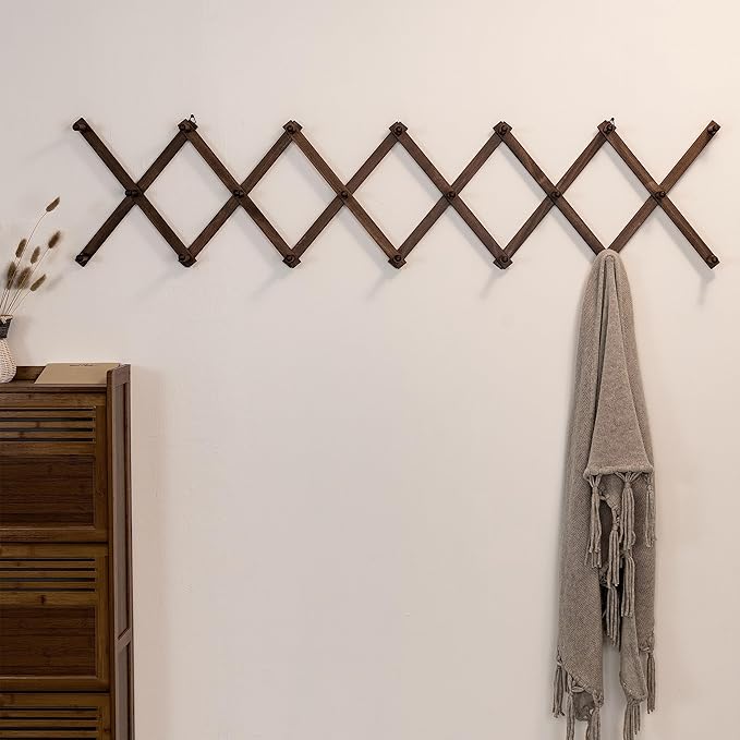 SKOLOO Hat Rack for Wall with 20 Hooks, Solid Wooden, Modern, Expandable Coat Rack Wall Mount for Coats, Hats, Bags, Baseball Caps, Walnut Color - Image 2