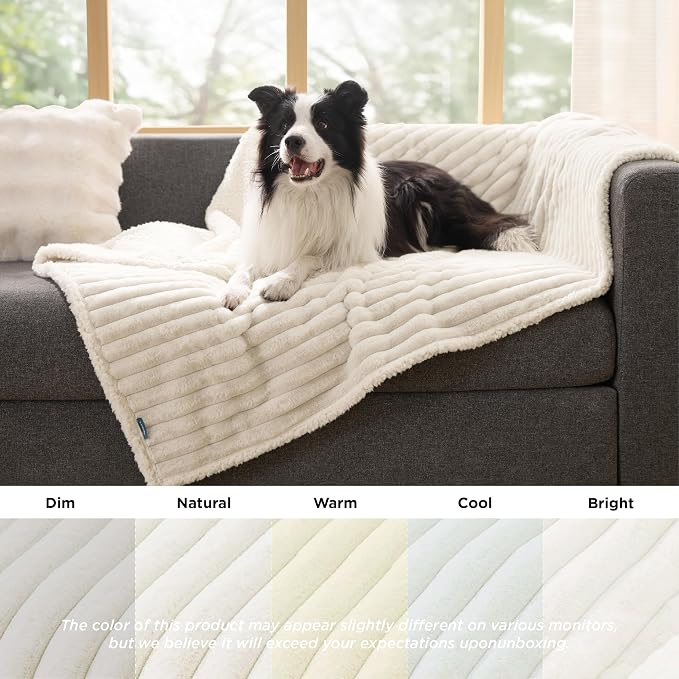 Bedsure ComfyFleece™ Waterproof Dog Blankets for Large Dogs,50x60 Cream | Soft Plush Couch Cover,Washable Corduroy Fleece for Furniture Protector,Cozy Calming Reversible Pet Blanket for Senior Dogs - Image 6