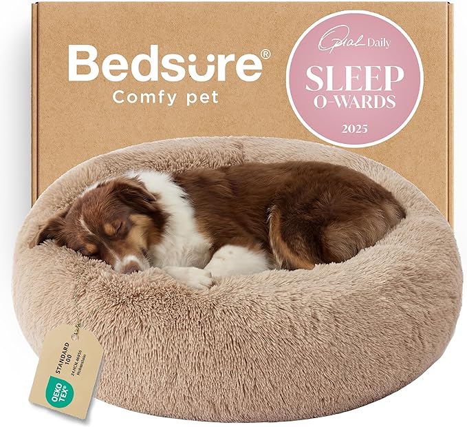 Bedsure Calming Dog Beds Large Sized Dog Donut Washable Pet Bed,36ins Camel | Fluffy Faux Fur Round Cuddler,with Removable Washable Cover,Anti-Slip Bottom,Anti-Anxiety,Deep Sleeping for Pets Up to 80 Lbs by Unknown