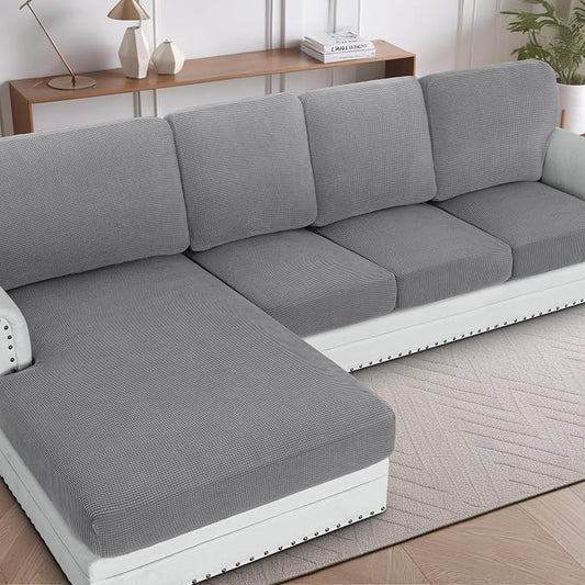 H.VERSAILTEX Sectional Couch Covers 8 Pieces Stretch Sofa Covers for Sectional Sofa Set Separate L Shaped Couch Cover for Both Left/Right Couch (Seat and Back: 1 Chaise + 3 Sofa, Dove) by HVERSAILTEX