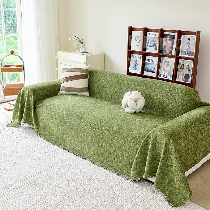 VANJOROY Green Couch Cover Chenille for 2 Cushion L-Shape Loveseat, Washable Sofa Couch Cover Protector Soft Sofa Slipcovers for Pets Dog with Tassel,71"x 102" by CHOOSEVANJOROYENJOYAMORECOMFORTABLEFEELING