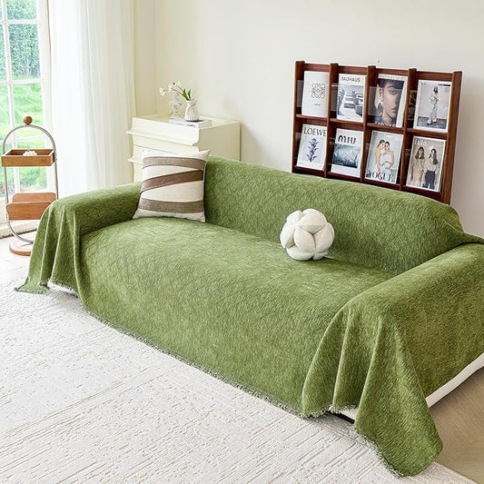 VANJOROY Green Couch Cover for 2 Cushion Sectional Sofa L-Shape -Washable Chenille Couch Cover for Dogs Pets, Sofa Cover Protector Soft Sofa Slipcovers with Tassel,71"x 118" by CHOOSEVANJOROYENJOYAMORECOMFORTABLEFEELING