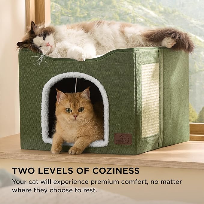 Bedsure Cat House Bed for Indoor Cats with Fluffy Ball and Scratch Pad | Loden Green,16.5x16.5x13 in,Large Cat Cave for Multiple Pets,Foldable Cat Hideway Cube for Sleeping Kitten - Image 3