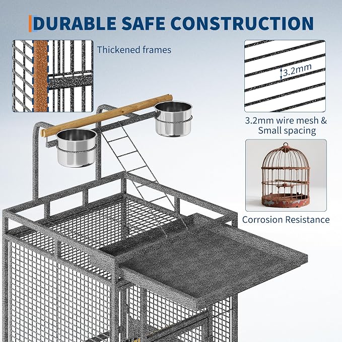 61Inch Bird Cage with Play Top, Extra Large Bird Cage with Wood Perches, Feeder for Parakeets, Canaries, Lovebirds, Small Quaker, Cockatiels, Budgie (60" h) - Image 2