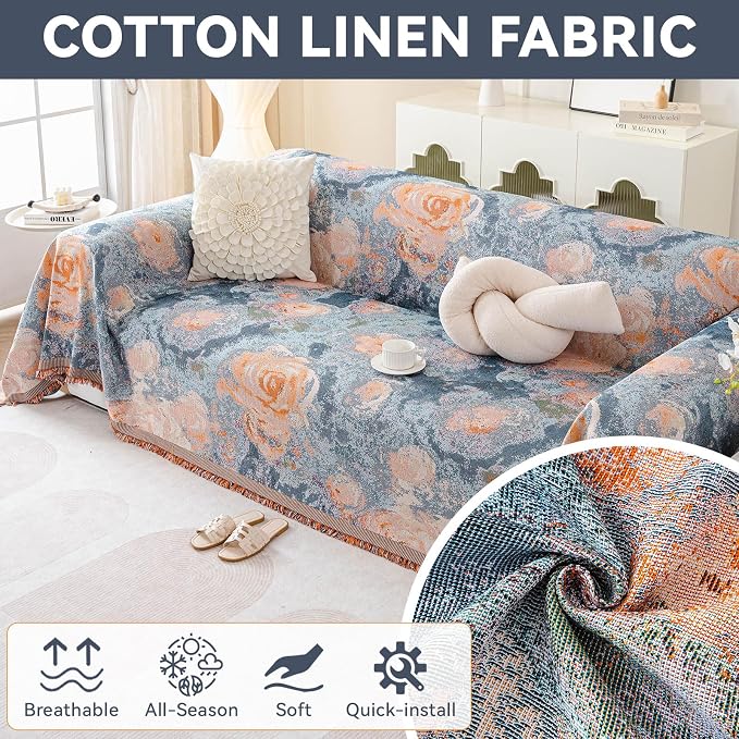 VClife Flower Couch Cover for Sectional Sofa Washable Sofa Cover, Modern Peach Blue Flower Sofa Couch Cover Breathable Anti-Slip Cotton Linen Sofa Slipcover with Tassel Aesthetic Sofa Cover 71"x118" - Image 2