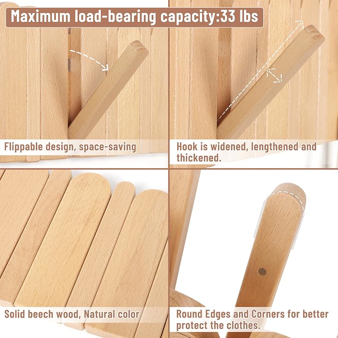 Wall Coat Rack for Entryway: Folding Wood Modern Heavy Duty 8 Hooks | 21.6'' Wall Mounted for Boho Home Decor Bathroom Bedroom Hallway for Hanging Towel Jacket Backpack Bag - Image 3
