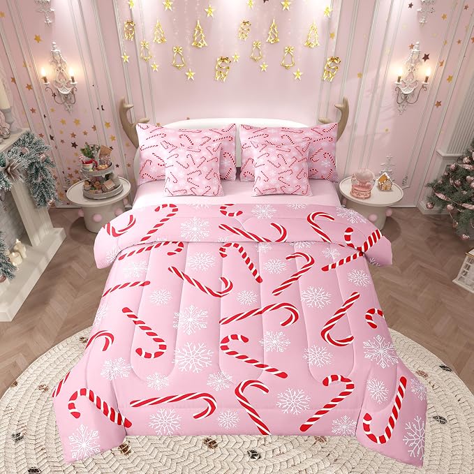 Erosebridal Xmas Candy Cane King Bedding Set 7 Piece,Merry Christmas Bed in A Bag for Kids Boys Girls,White Snowflake Comforter Set Pink Christmas Ornaments Sheet Set with Comforter by Erosebridal