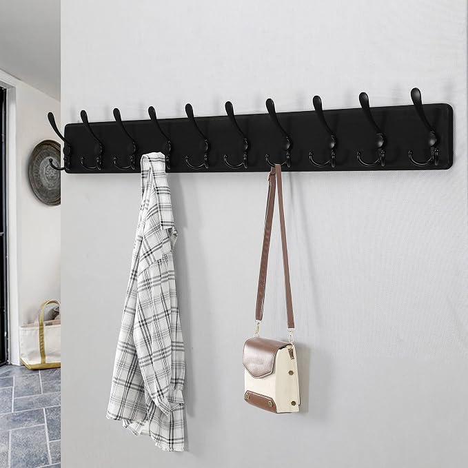 Dseap Coat Rack Wall - Heavy-Duty 38-1/4" Long, with Reinforced 10 Custom Tri-Hooks, Solid Wood Wall Hanger for Coats Hat Jackets - Rustic Farmhouse Entryway Hallway Storage, Black - Image 5