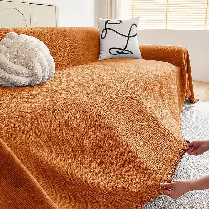 hyha Couch Cover for Dogs, Boho Chenille Sofa Cover for 3 Cushion Couch | Anti-Scratch Washable Sofa Slipcover, Loveseat Sectional Couch Throw Blankets with Tassels (Orange, 88.5x134 Inch) - Image 5