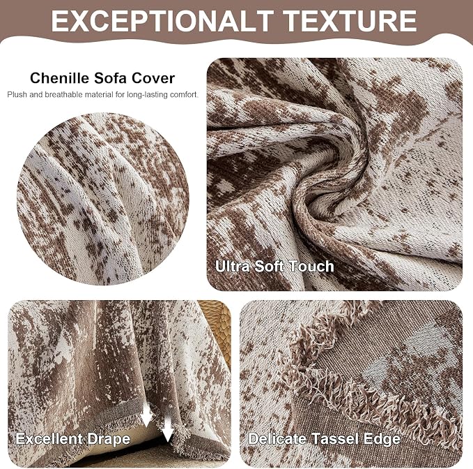 VClife Boho Couch Cover, Non Slip Soft Couch Covers for 3 Cushion Couch Sofa Pet Friendly, Irregular Vintage Brown Off-White Scraped Texture Furniture Protector Sofa Slipcover for Dog, 71" X 134" - Image 3