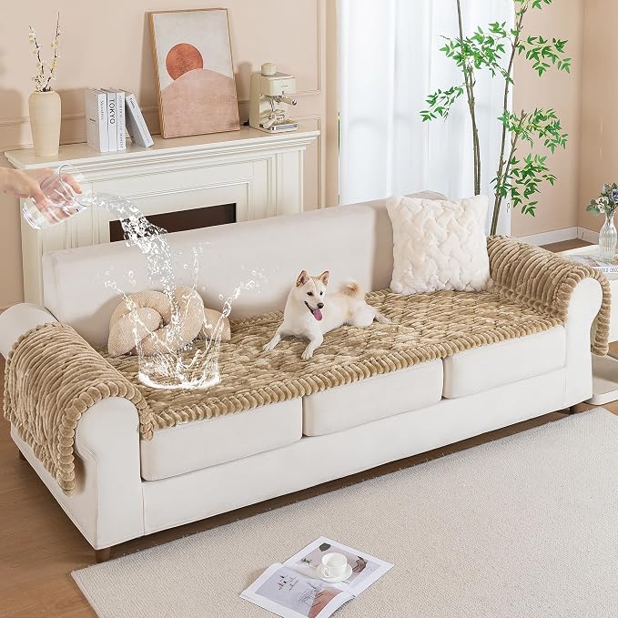 PuTian 100% Waterproof Fuzzy Couch Cover for Dogs Khaki 27.6"x27.6" | Pet Friendly Dog Mat for Couch, Waterproof Sofa Protector, Scratch Resistant Furniture Cover for Dogs, Machine Washable - Image 2