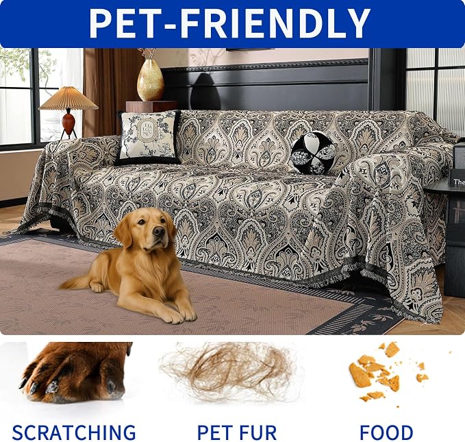 Vintage Couch Covers for Sofa Washable Sofa Covers for 3 Cushion Couch Non Slip Couch Covers for sectional Sofa Chenille Jacquard Furniture Protector for Dogs Pet Friendly Black, 71"x102" - Image 5