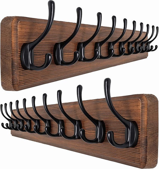 SKOLOO Rustic Wall Mounted Coat Rack, Case of 2, Pine Solid Wood Coat Hook Hanger - 10 Hooks for Hanging Clothes Robes Towels Coats by SKOLOO