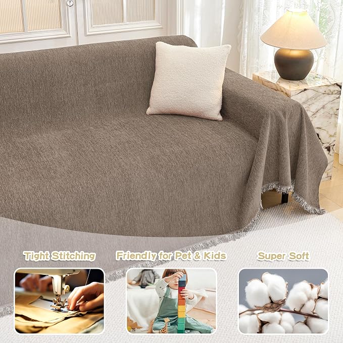 MYSKY HOME Couch Cover for Dogs, Washable Couch Covers, Non Slip Couch Sofa Cover, Couch Cover 2 Cushion Sofa Dogs Furniture Protector with Tassels Chenille Sofa Covers for Pets, 71"x118", Sand - Image 3