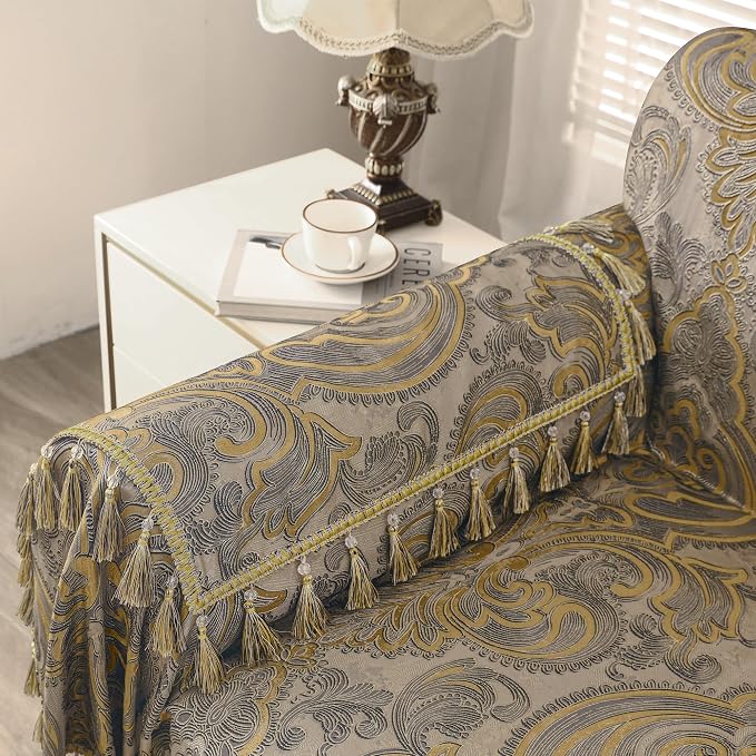 Loom and Mill Luxury Jacquard Sofa Arm Covers 2 PCS, Taupe Gold, 20x24in | European Antique Couch Armrest Cover with Tassels, Non-Slip Furniture Protector for Chair Sofa Recliners Couch Dogs Pets - Image 4