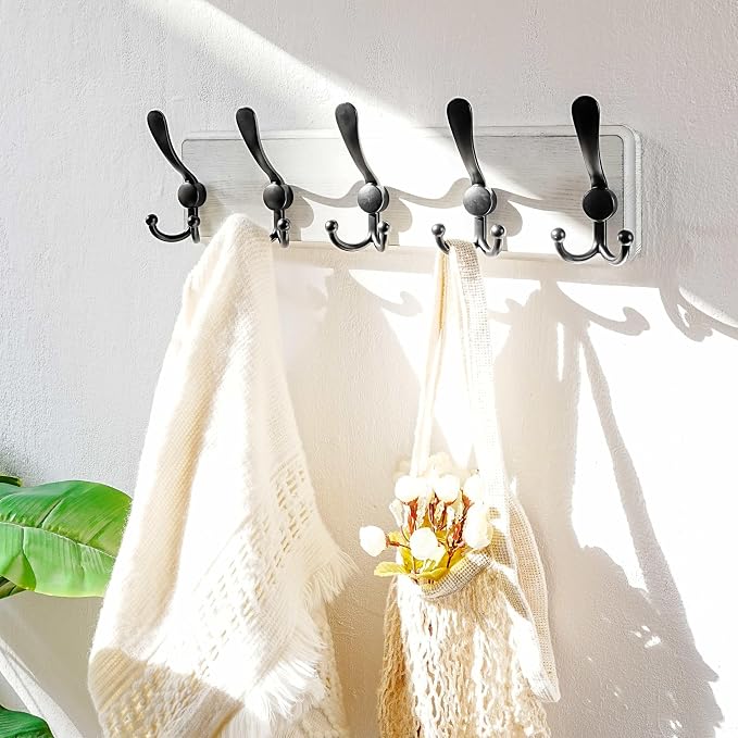 Dseap Coat Rack Wall Mounted - 5 Tri Hooks, Heavy Duty, Wooden Wall Coat Hanger Coat Hook for Clothes Hat Jacket Clothing, White & Black - Image 7