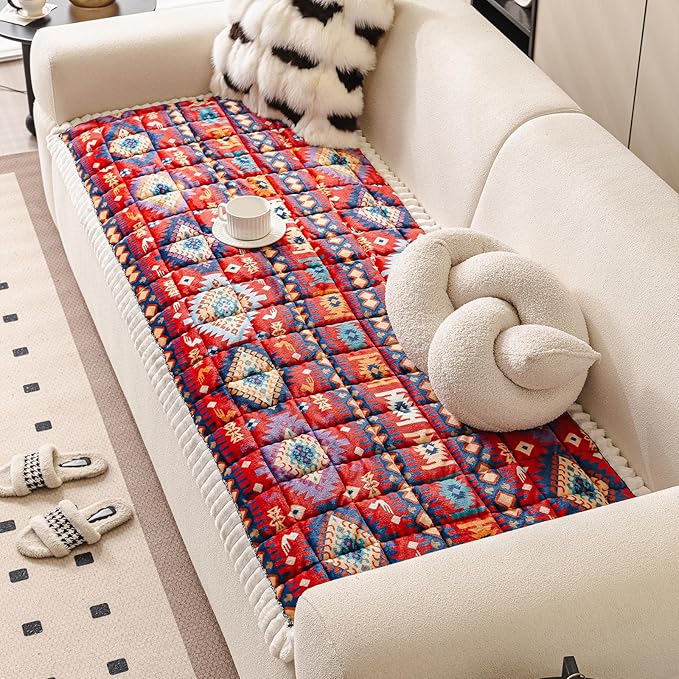 Boho Couch Cover for Pets Super Soft Sofa Covers for Cats & Dogs Washable Sofa SlipCover Furniture Couch Protector for Living Room(35" x 82", Red) - Image 2