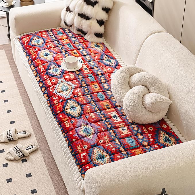 Boho Couch Cover for Pets Super Soft Sofa Covers for Cats & Dogs Washable Sofa SlipCover Furniture Couch Protector for Living Room(35" x 82", Red) - Image 2