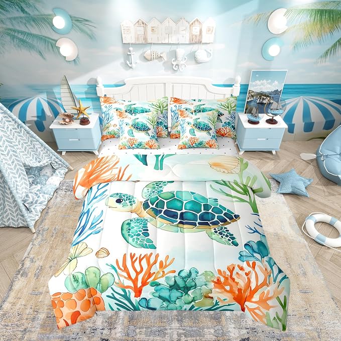 Erosebridal Kids Cute Turtle 7-Piece Bedding Set King Size, Marine Life Tortoise Bed in A Bag, Underwater World Sea Animal Comforter Set with Sheets, Watercolour Coral Bedding Comforter Sets by Erosebridal