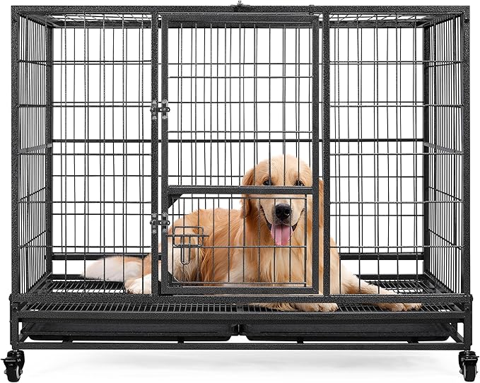 Yaheetech 43in Heavy Duty Escape Proof Dog Crate Cage w/Double Doors, 2 Removable Trays, Lockable Wheels, Indestructible Dog Kennel for Medium/Large Dogs