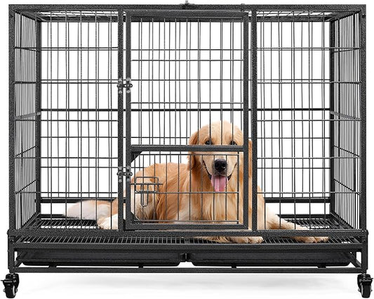 Yaheetech 43in Heavy Duty Escape Proof Dog Crate Cage w/Double Doors, 2 Removable Trays, Lockable Wheels, Indestructible Dog Kennel for Medium/Large Dogs
