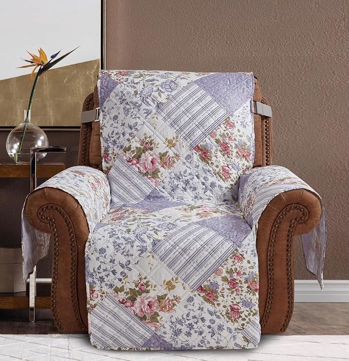 Brilliant Sunshine Rose Violet Floral Couch Recliner Cover, 26" seat | Patchwork Design, Non Slip Sofa Cover, Quilted Furniture Protector, Washable Reclining Chair Slipcover for Pets, Dogs & Cats - Image 2