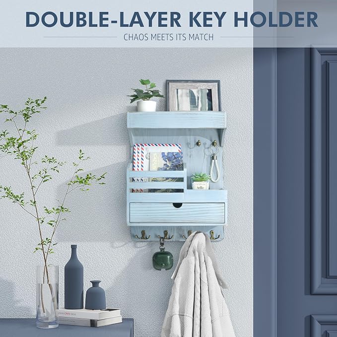 Rebee Vision Key Holder Wall Mount with Drawer & Shelf for Entryway, Blue | Pine Wood, Key Holder for Wall, 6 Sturdy Hooks, Floating Shelf, Drawer Organizer, Mail Sorter, Home Decor, Decorative Storage - Image 3