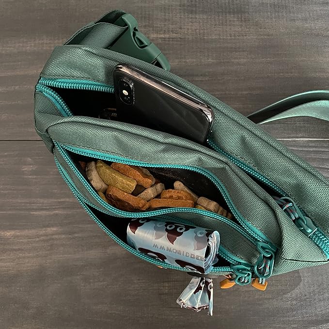 Wilderdog Utility Fanny Pack stores Treats, Balls, Keys in 3 Pockets with adjustable strap and Poop Bag dispenser (Evergreen) - Image 5