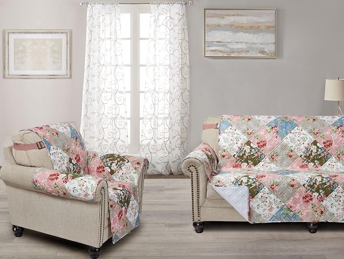 Brilliant Sunshine Peach and Olive Flowers Couch Cover, 78" seat | Patchwork Design, Non Slip Sofa Cover, Quilted Furniture Protector, Extra Large Washable Slipcover for Pets, Dogs & Cats - Image 6