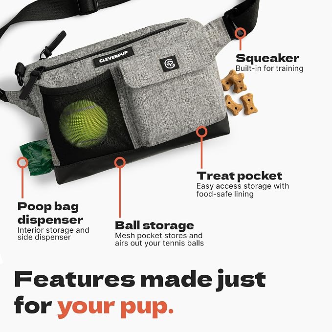 Cleverpup Walk & Train 2-in-1 Dog Walking Bag - Hands-Free Training Crossbody Sling & Fanny Pack with Treat Pouch, Poop Bag Holder, Phone Pockets - Adjustable Waist or Shoulder Strap - Heather Grey - Image 4