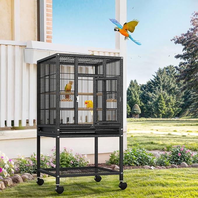 DWVO 41-inch Metal Bird Cage | Large Parrot Cages with Rolling Stand​ - Features Tray, Food Boxes & Wooden Perches - Image 3