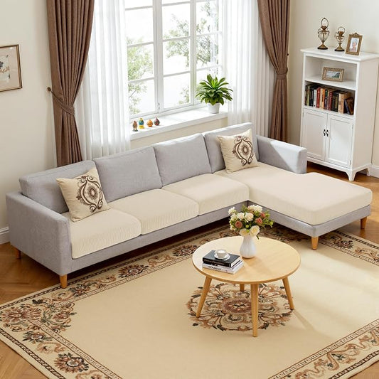 Hokway Chaise Cover and Couch Cushion Covers Set, Separate Sectional Sofa Cushion Slipcovers, Reversible Cushion Protector for L-Shaped Sofa(3 Pieces for Seater & 1 Piece for Chaise, Creamwhite) by Hokway