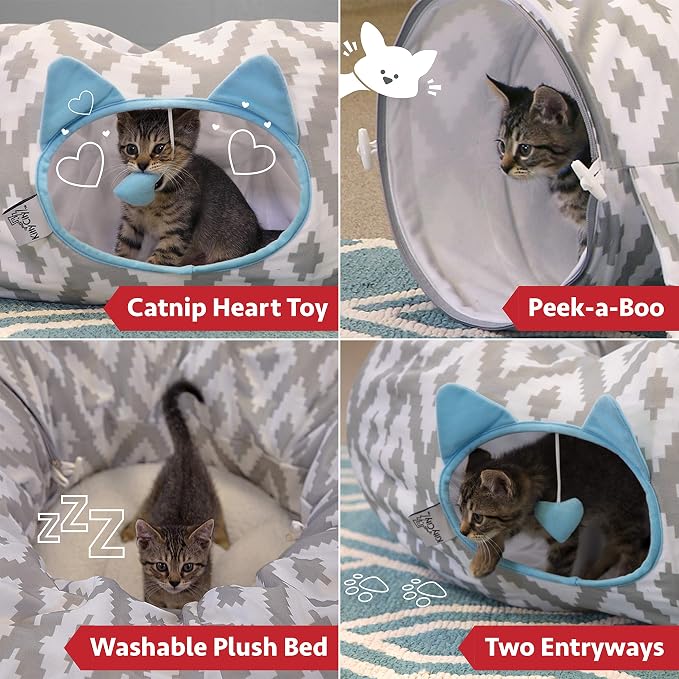 Kitty City Large Cat Tunnel Bed, 2-in-1 Zip-Together Cat Play Tunnel & Plush Nap Bed, Pop-Up Indoor Cat Toy with Hanging Toys, Collapsible Design - White - Image 2