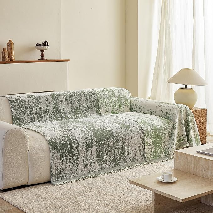 VClife Boho Couch Cover, Non Slip Soft Couch Covers for 3 Cushion Couch Sofa Pet Friendly, Irregular Vintage Green Off-White Scraped Texture Furniture Protector Sofa Slipcover for Dog, 71" X 134" - Image 7